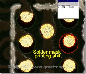 電路板BGA下面的防焊層印刷偏移，造成焊墊大小不一致。