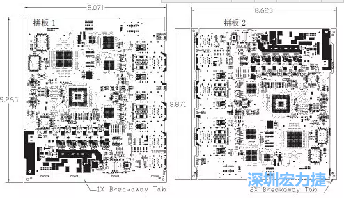 如圖7所示是使用不同數量邊條的拼板，拼板1僅使用了一個邊條，直接利用PCB另一邊作為SMT工藝傳送邊，并且PCB圖形中有合適的安裝孔；而拼板2則是按常規設計了兩個邊條。拼板方式為連接筋。圖中“Breakaway Tab”指邊條-深圳宏力捷
