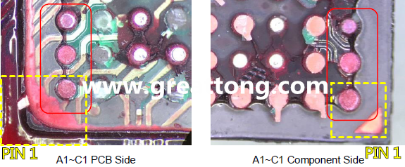 PIN-1的位置很重要，不知道Pin-1在哪里？那你怎么知道斷裂錫球在PCB的位置，如何判斷可能的應(yīng)力(Stress) 影響。一般在PCB的絲印層(白漆)上面一定會(huì)標(biāo)示零件的PIN-1位置，有的未打一個(gè)圓點(diǎn)，有的會(huì)畫三角形，但這張照片在PCB的PIN-1被紅墨水遮住了，如果可以的話建議那一塊沒有紅墨水的板子對(duì)照一下。