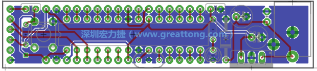 第二篇文章則帶領(lǐng)你進(jìn)行電路板上的布線、連結(jié)點(diǎn)的配置，并利用「設(shè)計(jì)規(guī)則檢查（Design Rule Check）」測(cè)試你的設(shè)計(jì)，第二篇文章的電路板設(shè)計(jì)圖將如下所示：
