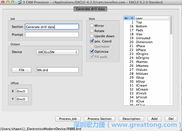 打開「excellon.cam」的工作項(xiàng)目并建立drill文件（副檔名為「.dri」和「.drd」），之后你只會(huì)用到「.drd」的文件檔；「.dri」的文件只是解釋用資料（所謂后設(shè)資料）而已。