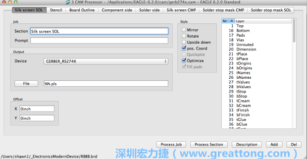 假如你有匯入點(diǎn)陣圖圖層（抑或是有某個(gè)圖層是你不想要它們出現(xiàn)在絲印上的），請(qǐng)?jiān)俅未_認(rèn)標(biāo)簽列下面被指定的圖層都是正確無誤的。