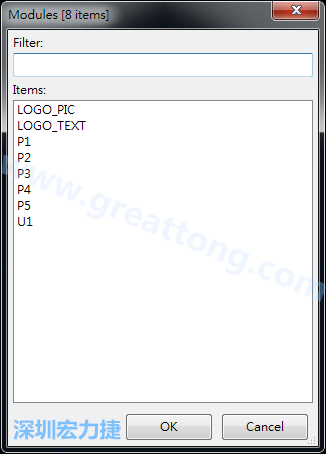 從目前正在編輯的PCB載入Module， 會顯示有那些項目可載入。點選一個， OK后即完成載入
