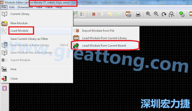 進入Module Editor去載入其他Footprint(Module)進來， 從目前的Active library (不過要先選取一個Current library ) 載入Module 或從目前正在編輯的PCB載入Module。